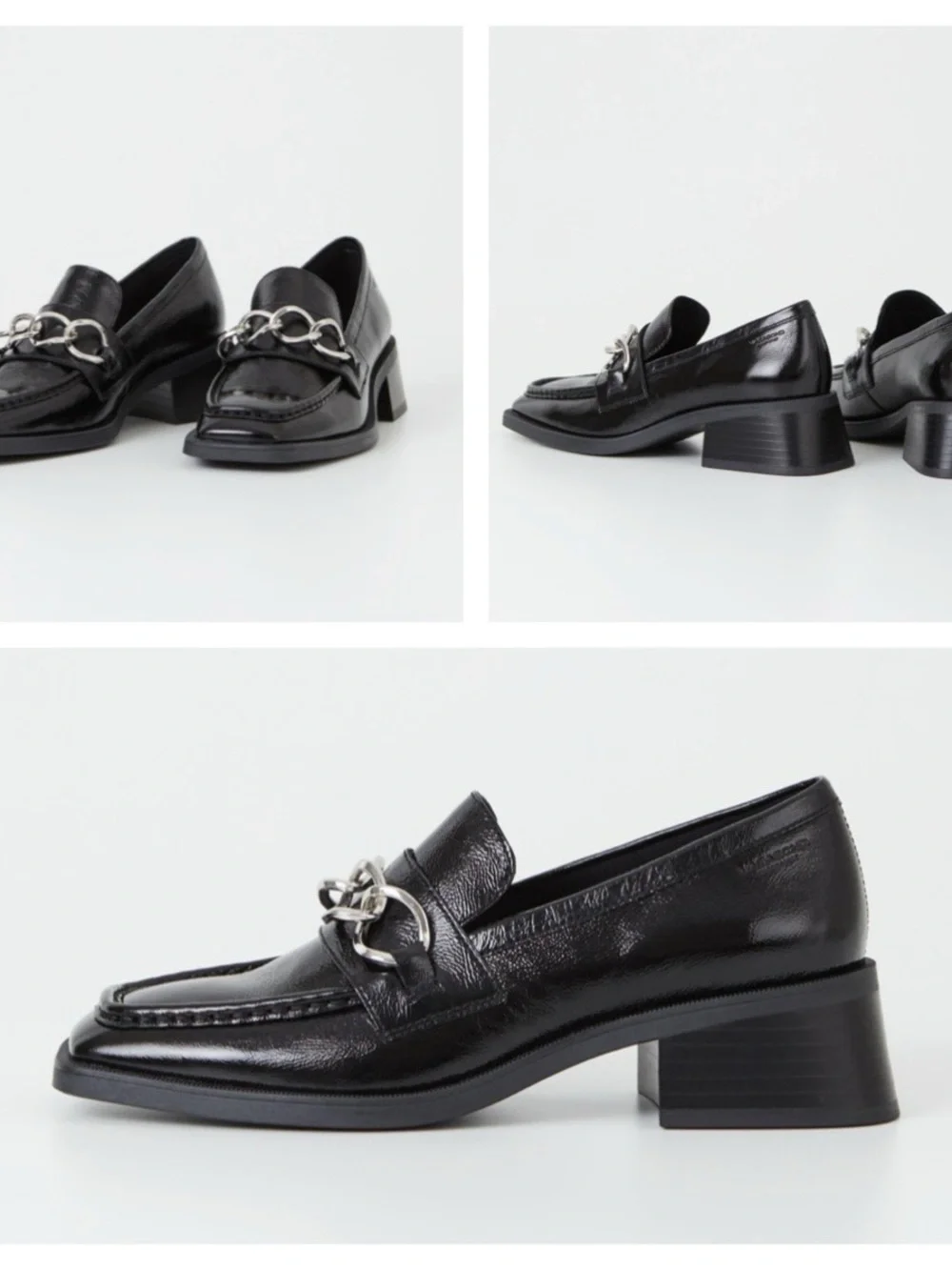 VAGABOND Patent Leather Chain-Accent Block Heel Blanca Loafers size 39 US 9